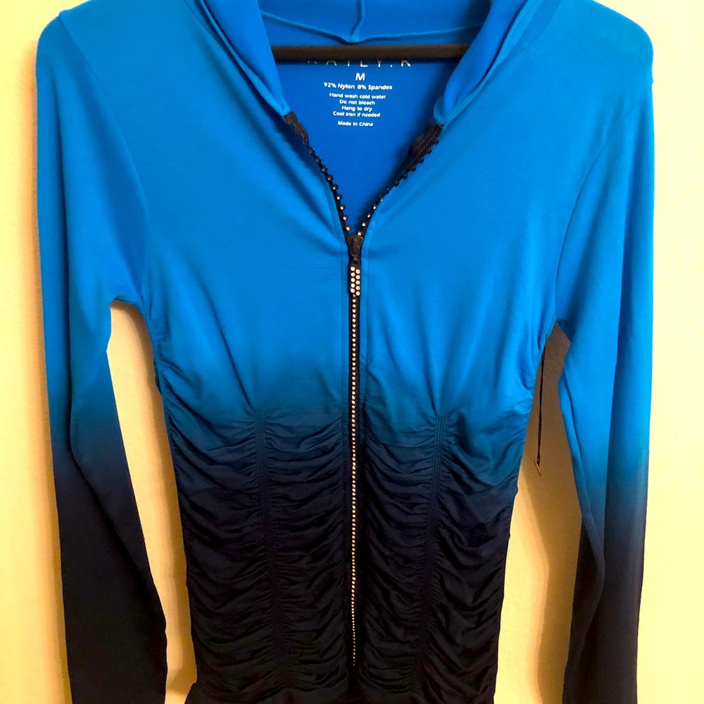 Kaily K blue Jacket with hoodie and rhinestones. Brand New
